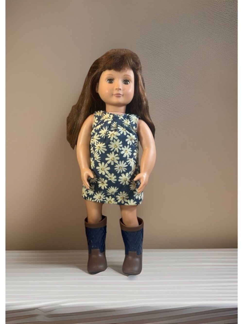 Our Generation 18” Doll Brown Hair & Eyes Blue Sunflower Dress And Rain Boots